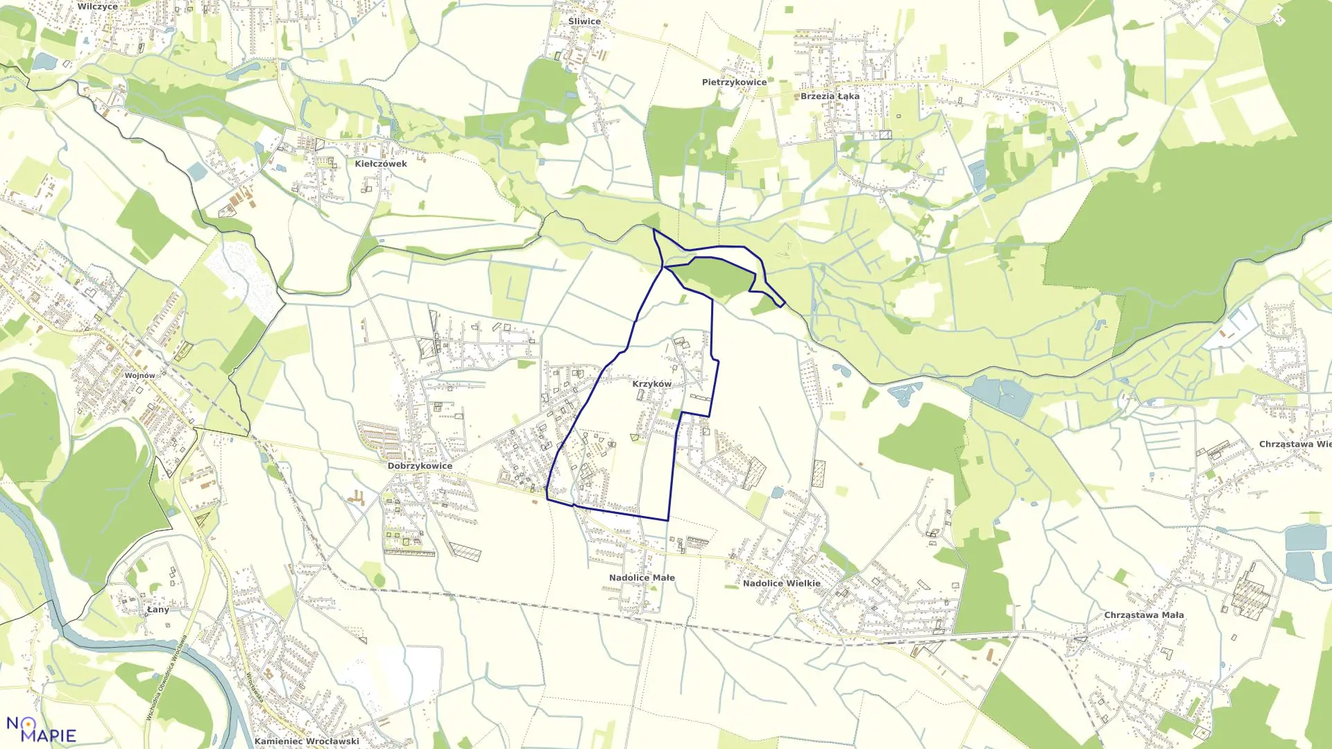 Mapa obrębu Krzyków w gminie Czernica