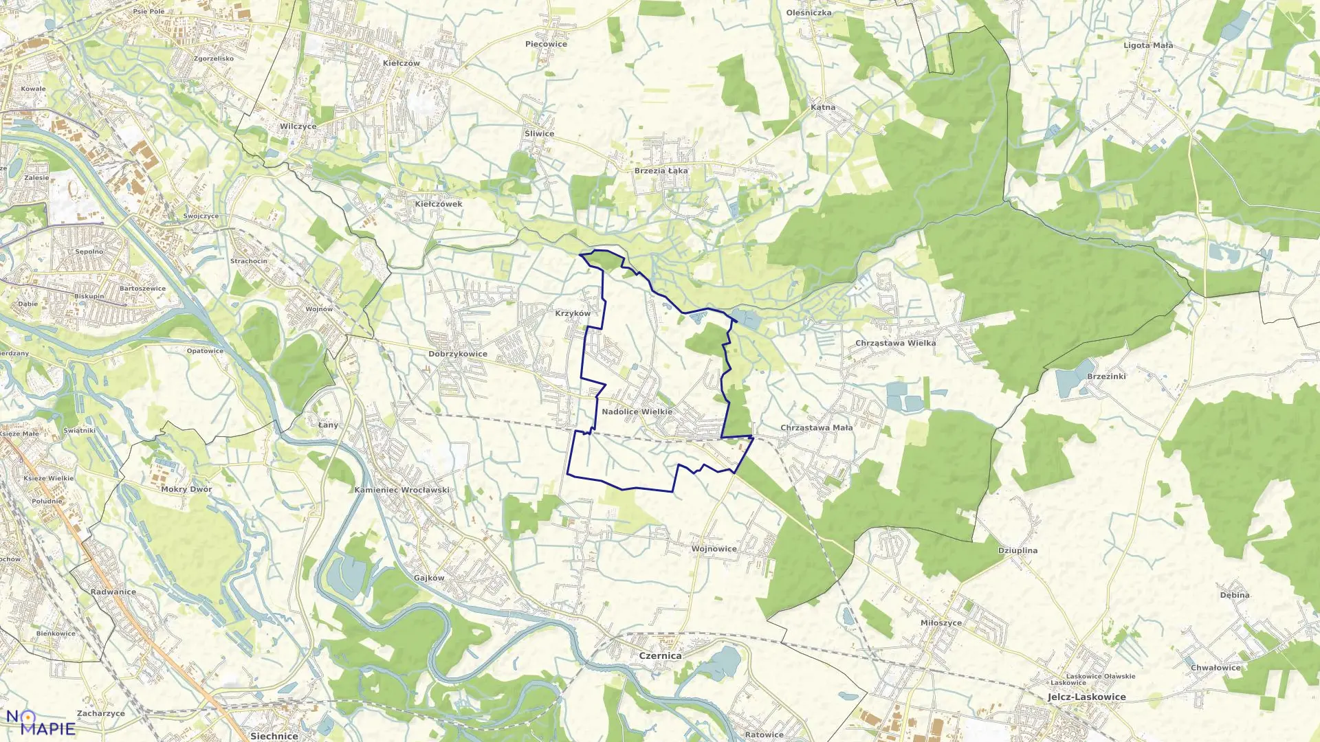 Mapa obrębu Nadolice Wielkie w gminie Czernica